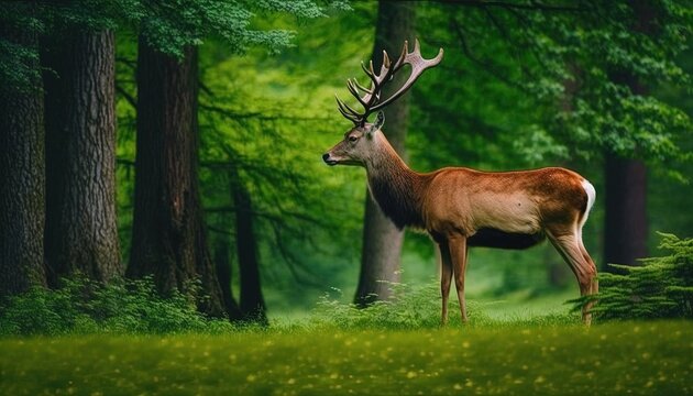  a deer standing in the middle of a forest with tall grass and trees in front of it, with a green background and a single deer standing in the foreground.  generative ai
