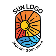 Colorful Sun and Ocean Monoline Logo Vector Vintage Emblem Vector Design badge illustration Symbol Icon