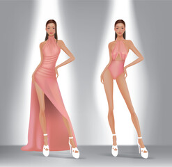 Design image of model wearing evening dress and swimwear for beauty pageant