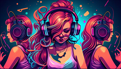 A young girl from three perspectives is playing music as a DJ in a club. Ai generated.