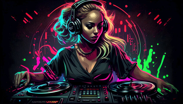 Dj and music. Woman at the club getting move. Ai generated.