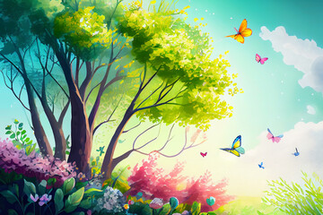 Obraz na płótnie Canvas A spring scene featuring colorful flowers, blooming trees, and a clear blue sky, generative ai