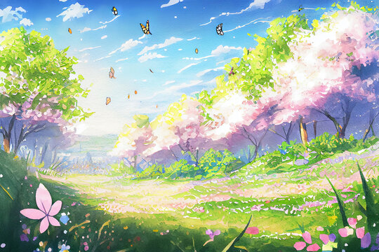A spring scene featuring colorful flowers, blooming trees, and a clear blue sky, generative ai