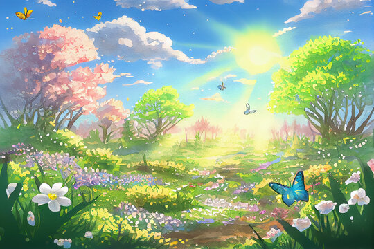A spring scene featuring colorful flowers, blooming trees, and a clear blue sky, generative ai