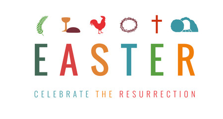 Easter card symbols, celebrate resurrection. Easter Sunday, He is risen - christian concept with palm branch, cup and bread, rooster, crown of thorns, cross and tomb. Vector illustration