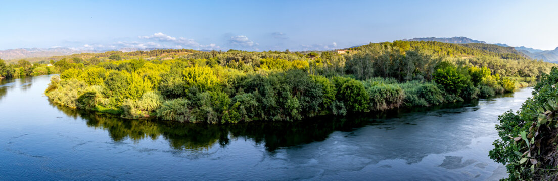 Meander of the Ebro river from a viewpoint in the town of Miravet, one of the most beautiful villages in Tarragona, Spain