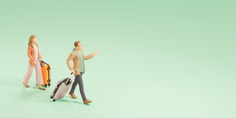 スーツケースを引いて歩く観光客カップル / 海外旅行・インバウンドのコンセプトイメージ / 3Dレンダリング / A couple walking with suitcases. An image of traveling abroad.