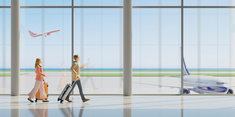 空港でスーツケースを引いて歩く観光客カップル / 海外旅行・インバウンドのコンセプトイメージ / 3Dレンダリング / A couple walking with suitcases at the airport. An image of traveling abroad.