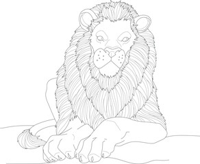 Cartoon lion laying in african savannah graphic sketch template. Vector illustration for children in black and white for games, background, pattern, decor. Coloring paper, page, story book, print