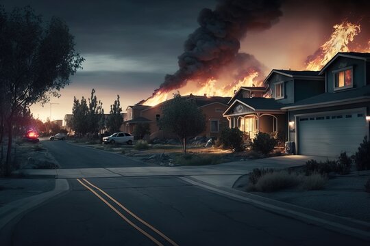 A fire is raging in the sky over a neighborhood at night time with a car parked on the street apocalypse a matte painting american realism