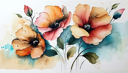  a painting of three orange flowers on a white background with watercolor paint on paper with a black spot in the middle of the painting.  generative ai