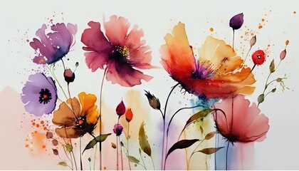  a painting of colorful flowers on a white background with watercolors on the bottom of the painting  has a orange, purple, yellow, and pink, and red flower,.  generative ai