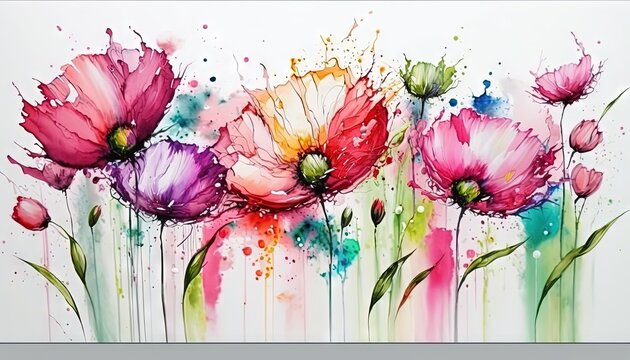  a painting of flowers painted on a white background with watercolor splashs on the petals and the petals are pink, purple, and green.  generative ai