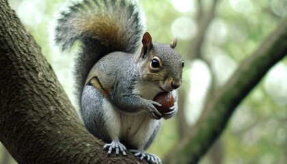 Naklejka na ściany i meble a squirrel is sitting on a tree branch eating a piece of food in its mouth and looking at the camera with a smile on its face. generative ai