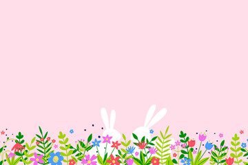 White bunnies and colourful flowers on pink background. Easter design. Vector illustration