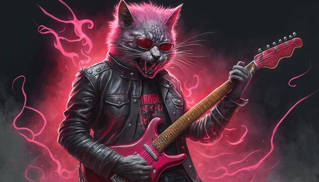  a painting of a cat with a guitar in his hand and a red light behind it that is shining in the dark, with a black leather jacket and pink background.  generative ai