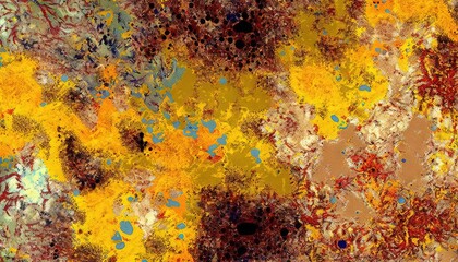  an abstract painting of yellow and brown colors with blue and red spots on the bottom of the image and a brown and yellow background with blue dots on the bottom of the image.  generative ai