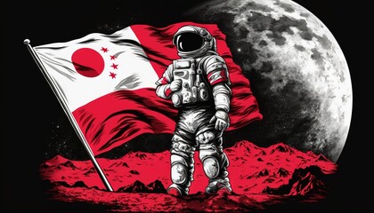  an astronaut standing on the moon with a flag in front of him and a full moon behind him in the distance, with a full moon in the background.  generative ai