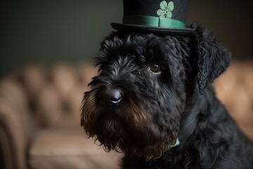 Black Russian terrier dog Irish hat on st patrick's day with Generative AI