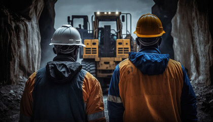 Fototapeta na wymiar two men wearing hard hats and safety jackets looking at a construction vehicle in a tunnel with a bulldozer in the back of it. generative ai