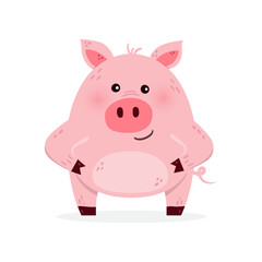 Cute cartoon pig on white background. Design of a funny animal character. Vector illustration
