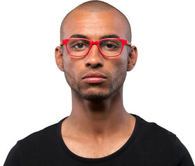 A dark young man in red glasses