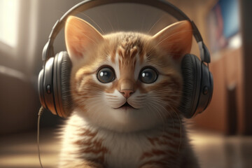 Red cat in headphones. AI generative.
