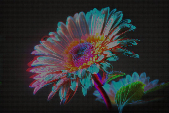 Glitched glowing neon flower. Abstract glitch background. Cyberpunk wallpaper in a style of 80's. Futuristic concept. EPS 10. Creative graphic design for poster,brochure,flyer and card.