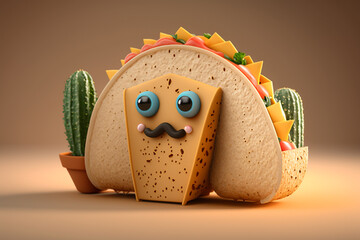 3D render cute and happy tacos cartoon character. Generative AI