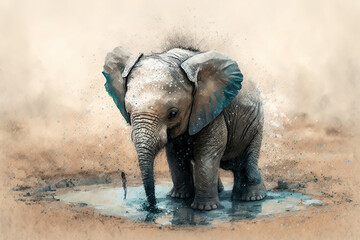 Fototapeta na wymiar Baby elephant playing in mud, oil paint style, pale neutral colors, blue tones, vintage. Generative AI.