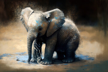 Baby elephant playing in mud, oil paint style, pale neutral colors, blue tones, vintage. Generative AI.
