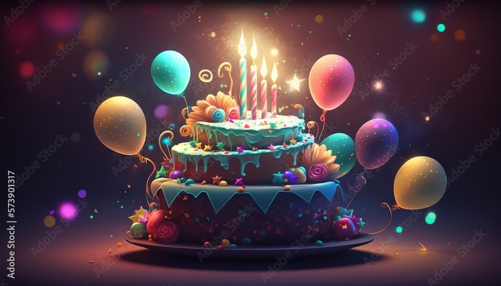 Wall mural a birthday cake with candles and balloons on a table with a dark background with a lot of bubbles an