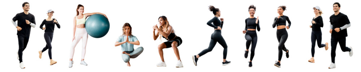 People fitness exercise jogging, Squats, yoga, bicycle, isolated transparent background, png.
