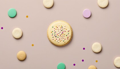  a cookie with sprinkles on a pink surface surrounded by confetti and confetti dots on the side of it.  generative ai