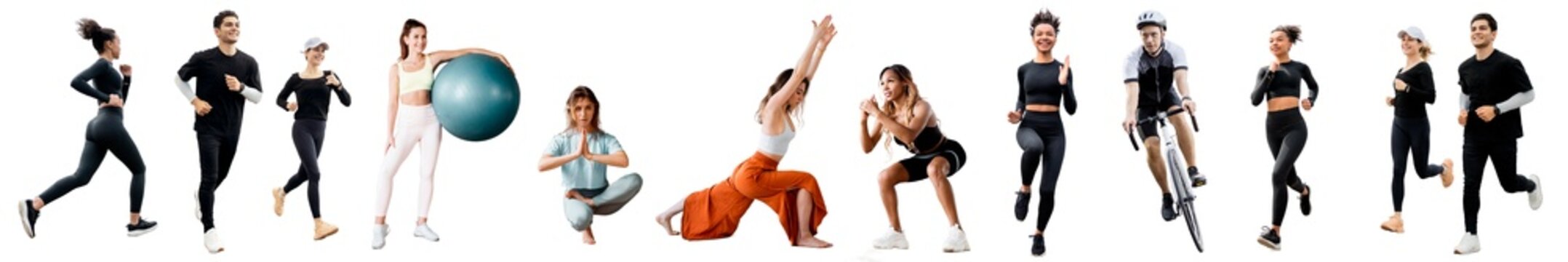 People fitness exercises jogging, Squats, yoga, bicycle, sports equipment, Isolated transparent background, png.