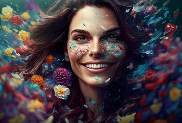 Portrait of a cheerful sensual woman in a swirl of colorful flowers, generative ai