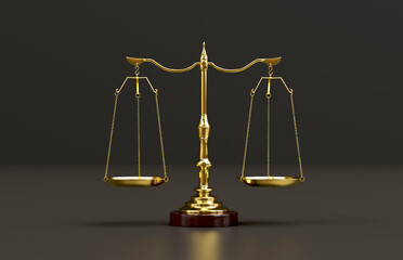 Beautiful elegant golden court scale on dark background. Weigh both sides equally. 3d rendering