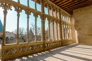 Fototapeta premium Mudejar and French Gothic style castle. ancient architecture. Castle rooms. Stone constructions. Castle of Navarre in Spain