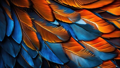  a close up of a colorful bird's feathers with orange and blue feathers on the back of it's feathers and a black background.  generative ai