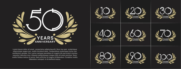 set of anniversary logotype white color and gold ornament for special celebration event