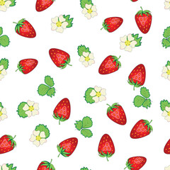 Seamless pattern with strawberries, berries and flowers. Sweet food repeat fabric background. organic fruits