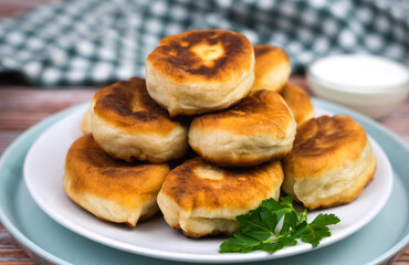 Homemade fried pies on the table. Close-up. Selective focus.