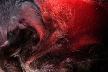 Red black ink abstract background. Acrylic paint backdrop for perfume, hookah, cosmetics. Mysterious smoke clouds, colorful fog © amixstudio