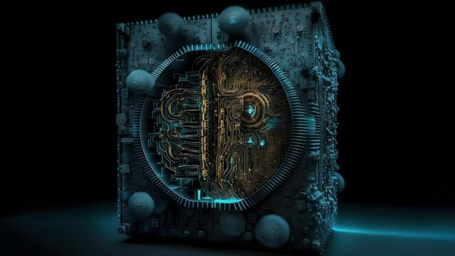 The Future of Currency: 3D Digital Block Illustration with Computer Components, Symbolizing Cryptocurrency and Blockchain Ledger, Seamless Loop