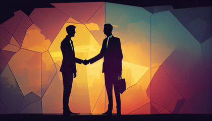 Fototapeta premium Successful deal between two businessmen silhouettes, handshake.