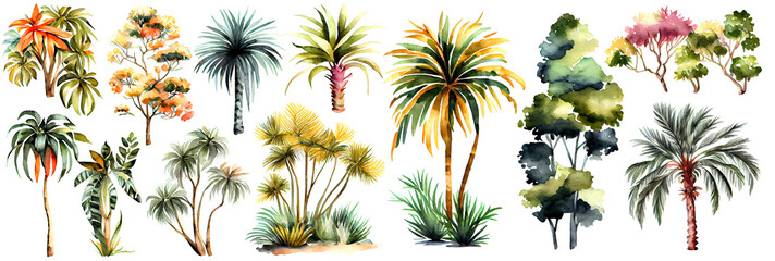 Watercolor tropical trees set. Palm tree in green color isolated on white background. Vintage coconut trees. Floral tropical jungle. Generative Ai.