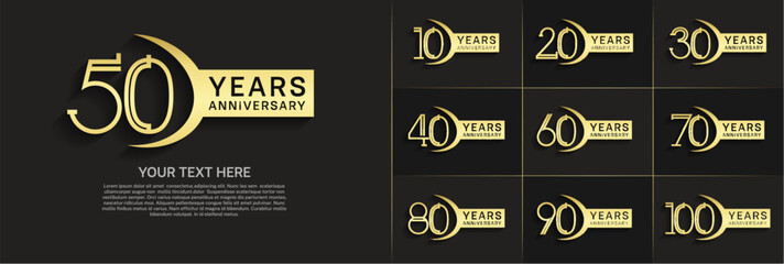 set of anniversary logotype gold color and ribbon for special celebration event
