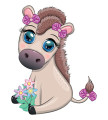 Naklejka premium Cute donkey in flowers, with balloons, spring theme. Postcard for the holiday