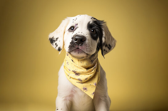 simpatico cane sorridente con bandana gialla, sfondo giallo, luci di studio, ritratto , illustrazione ottenuta con intelligenza artificiale