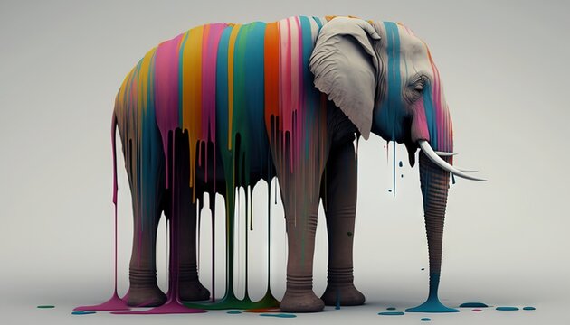  a colorful elephant standing in front of a white background with dripping paint on it's trunk and trunk, with a gray background behind it.  generative ai